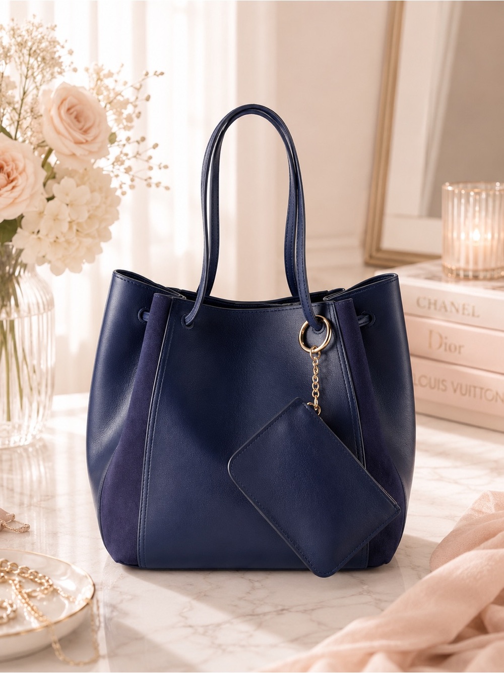 LC LAUREN CONRAD Drawstring Tote Bag & Pouch Set Blue